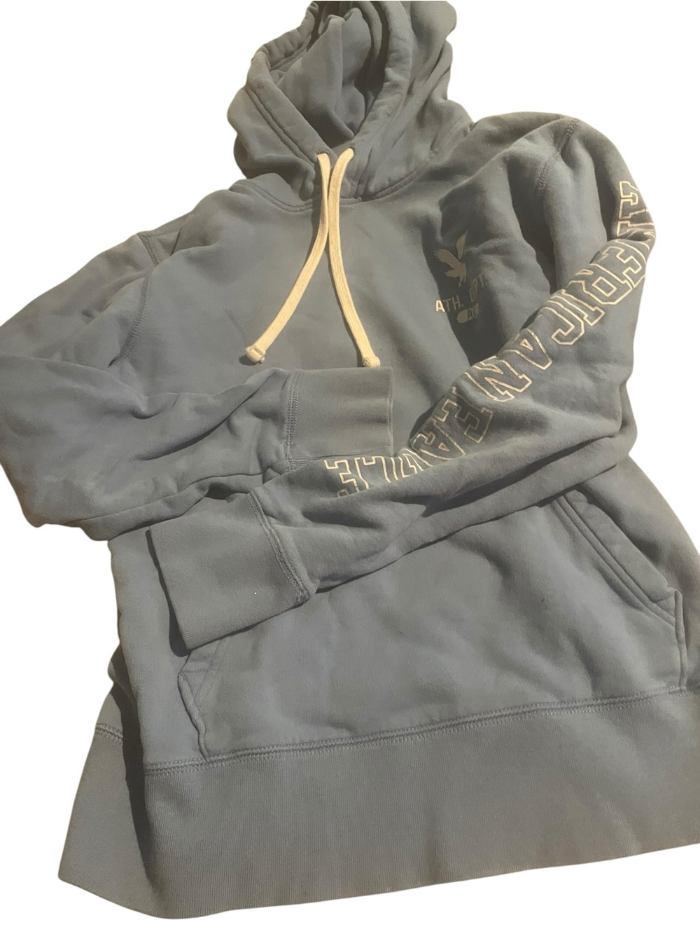 Athleta Slate Blue Pullover Hoodie with Cream Drawstrings